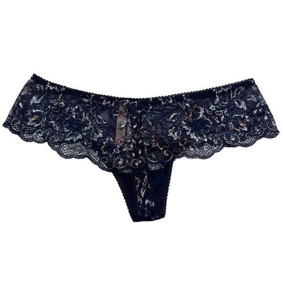 NWT VICTORIA'S SECRET Wide Side Thong Sz M Blue Silver Metallic Lace - Picture 2 of 4